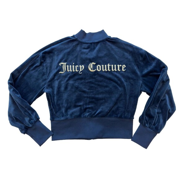 Juicy Couture Blue Velour Hoodie Soft Sweater Cropped Embroidered Logo Y2K Sz M - Picture 1 of 8